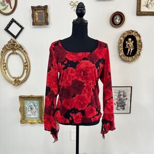 Vintage Y2K Fashion Bug Red Rose Mesh Bell Sleeve Top size L